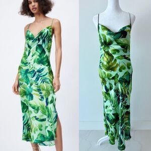ZARA Silky Maxi Dress – Palm Leaf Tropical Print – Shades of Green & Aqua Blue